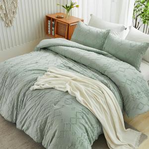 Andency Sage Green Tufted Comforter Set King(104x90Inch), 3 Pieces(1 Tufts Comforter, 2 Pillowcases) Boho Textured Farmhouse Bed, Microfiber Down Alternative Geometric Bedding Set