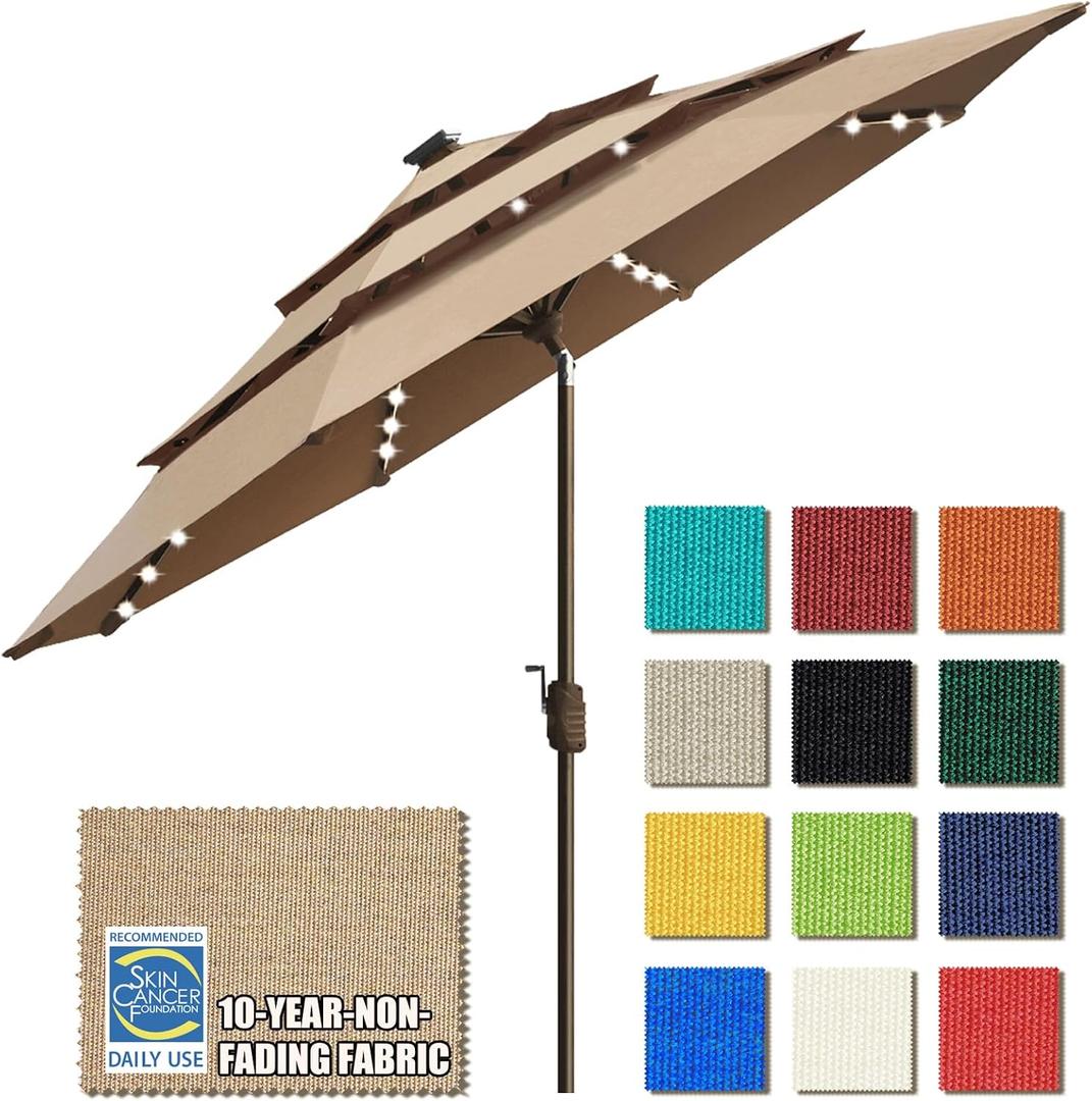 EliteShade USA 10-Year-Non-Fading 9ft 3-Tier Market Patio Umbrella, Commercial Table Umbrella with 80 Solar LED Lights, Crank Open, Windproof & UPF 50+ UV Protection for Garden, Deck, Pool, Backyard, Heather Beige