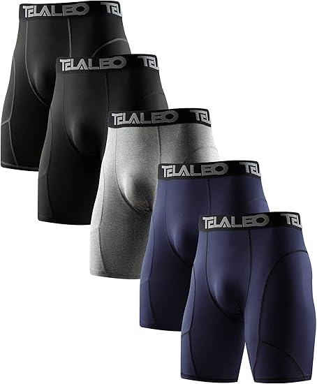 TELALEO 5 Pack Compression Shorts for Men Spandex Sport Shorts Athletic Workout Running Performance Baselayer Underwear Black/Double Blue/Double Gray L