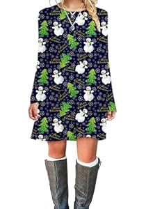 Women’s Christmas Ugly Santa Patterns Printed Crew Neck A-Line Dresses Casual Floral Novelty Dress, S