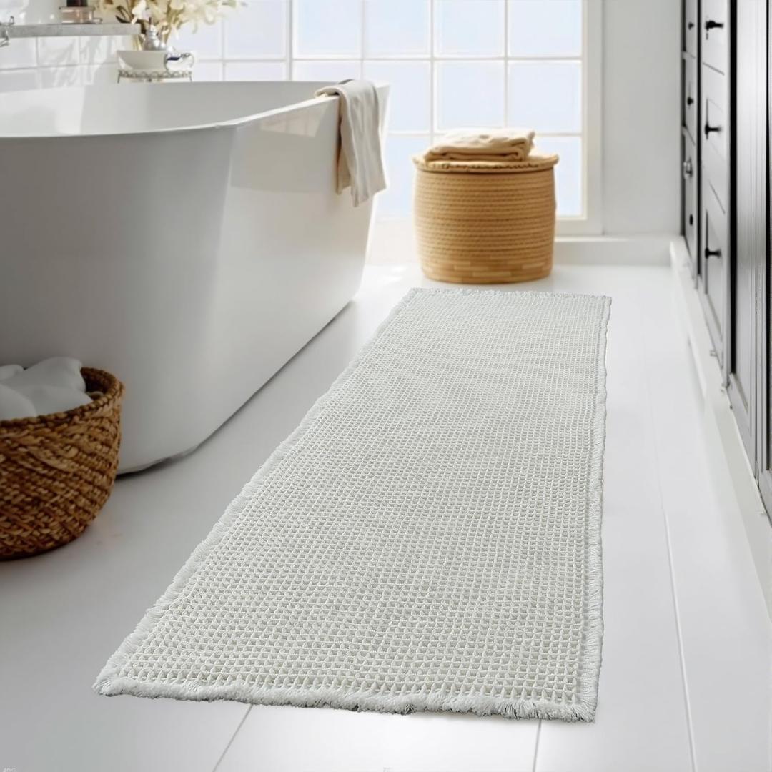 KGORGE Waffle Bath Mat, Non Slip Long Bathroom Rug with Tassels, Ultra Soft Farmhouse Floor Cover Super Absorbent Large Carpet Rugs for Bathroom Shower Tub Toilet Kitchen,| 2' x 5' (Rectangular), Waffle-pure White