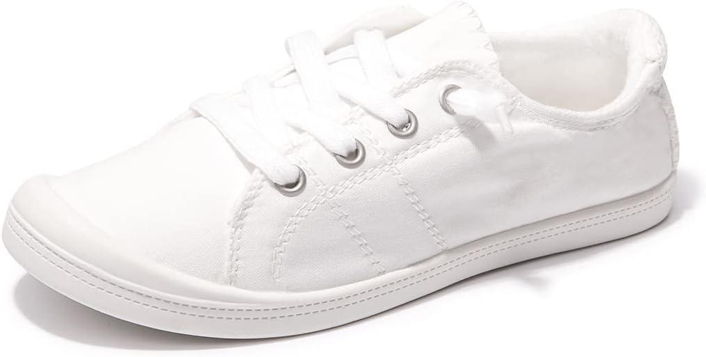 Women's Slip On Canvas Sneaker Low Top Casual Walking Shoes Classic Comfort Flat Fashion Sneakers (7, White)