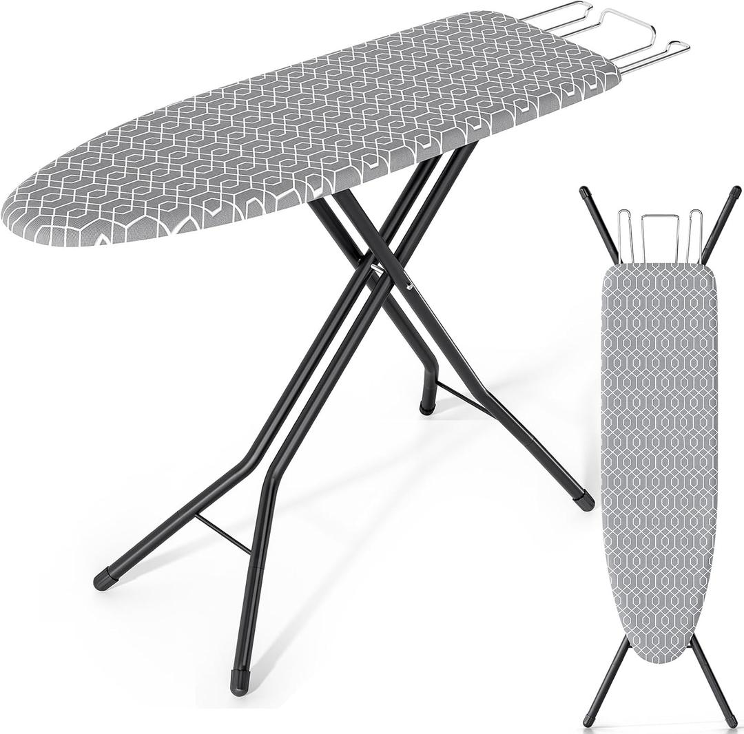 Ironing Board, Foldable Iron Board with Iron Rest, Compact Ironing Board with Height Adjustable, Extra Thick Heat-Resistant Cover, Heavy-Duty Sturdy Metal Legs, 43x13 Grey (Grey)