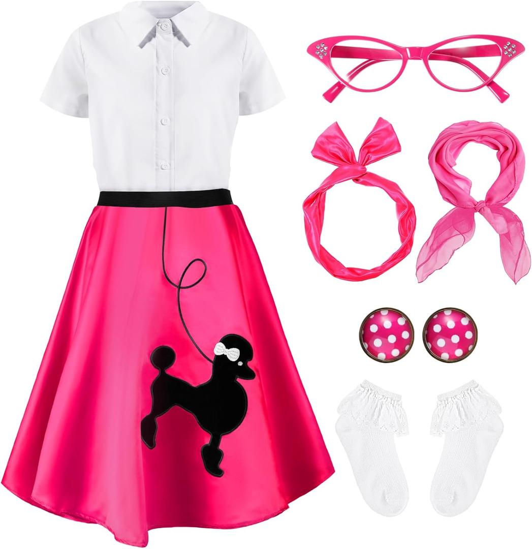 1950s Kids Poodle Skirt 50s Sock Hop Costume with Shirt Scarf Headband Earrings Glasses Socks (7-9 Years, Hot Pink)