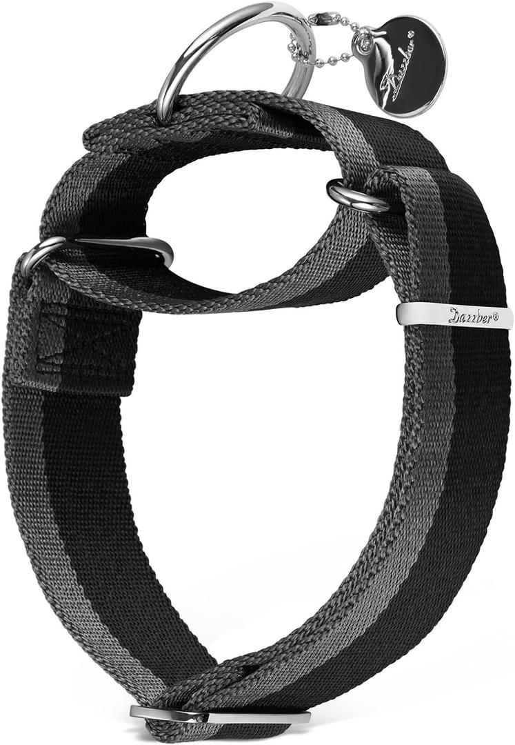 Martingale Collar 1.5 Inch Wide 1200D Extra Strong Nylon Dog Collar, No Pull Heavy Duty Dog Collar with 2-Color Stripe for XLarge Dogs (Extra Large, 1 1/2 Inch Wide, Black & Grey)