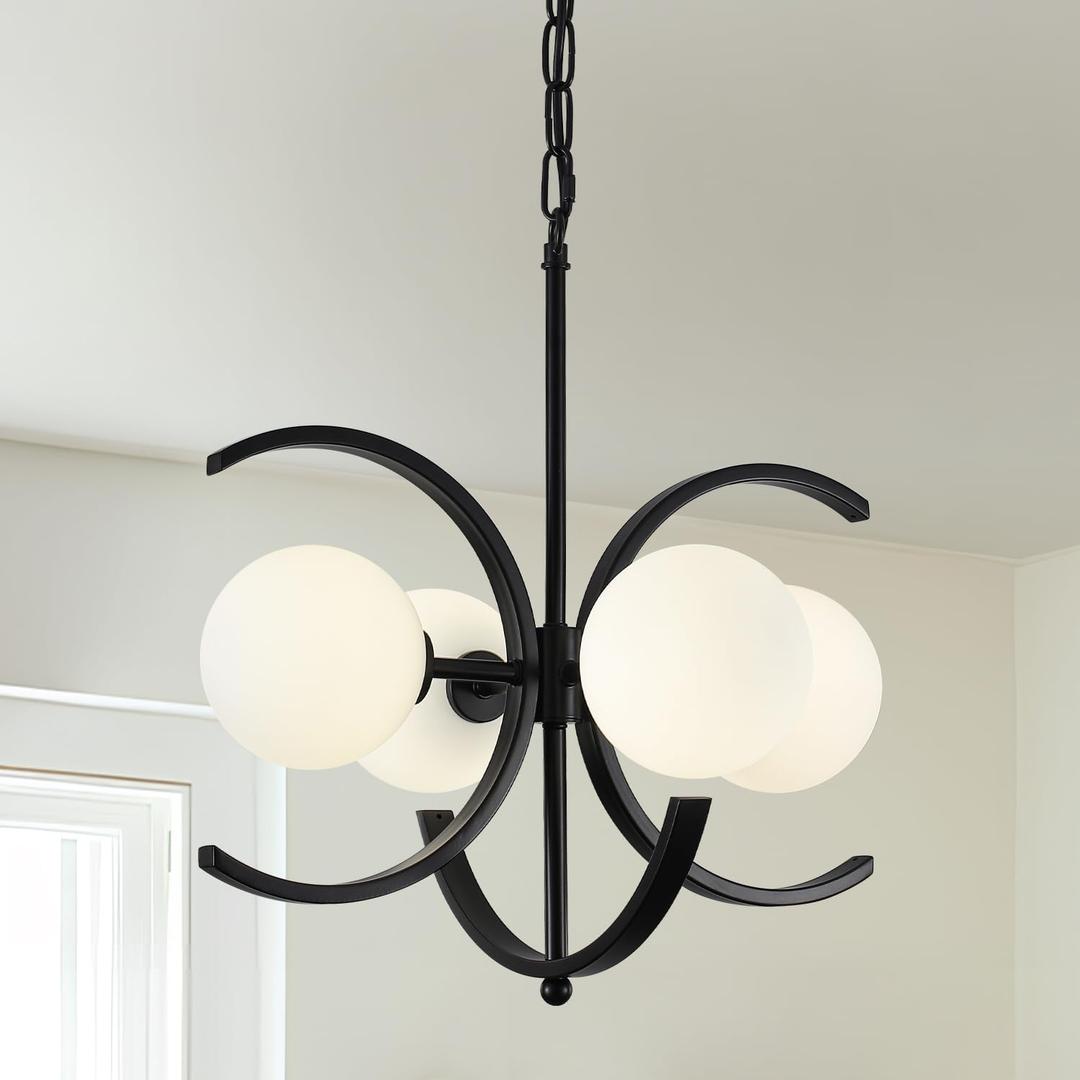 16.1" Modern Sputnik Chandelier,4-Light Black Chandelier with Glass Globe Shades,Mid Century Industrial Chandeliers Dining Room Light Fixtures,Farmhouse Chandeliers for Foyer (White Glass)
