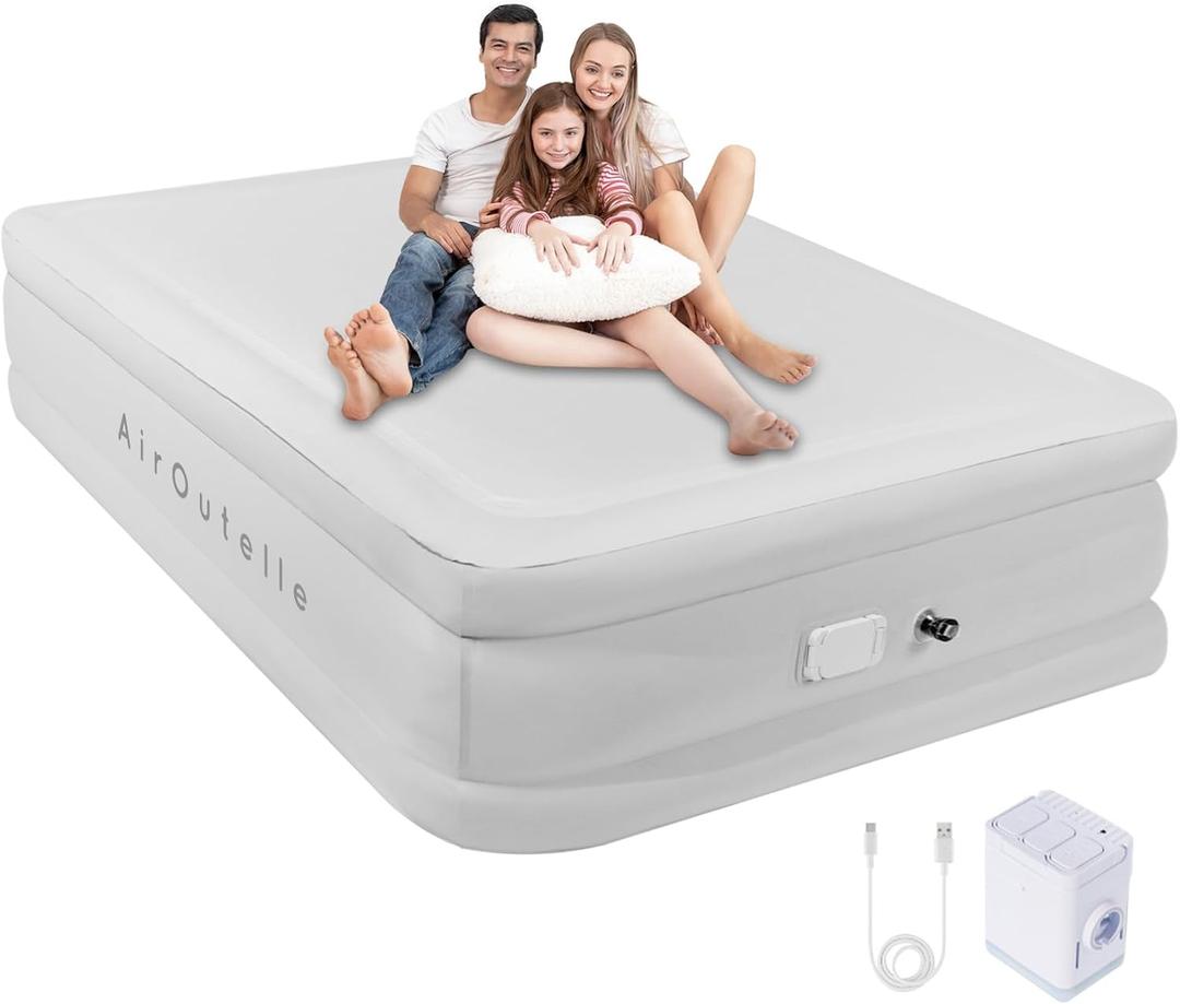 Air Mattress Queen with Built in Pump, 2500mAh Rechargeable Electric Pump, Camping Air Mattress Queen, Fiber-tech Portable Blow Up Mattress for Camping, Indoor and Outdoor (18" Height, Light Gray) (18" Queen, White)