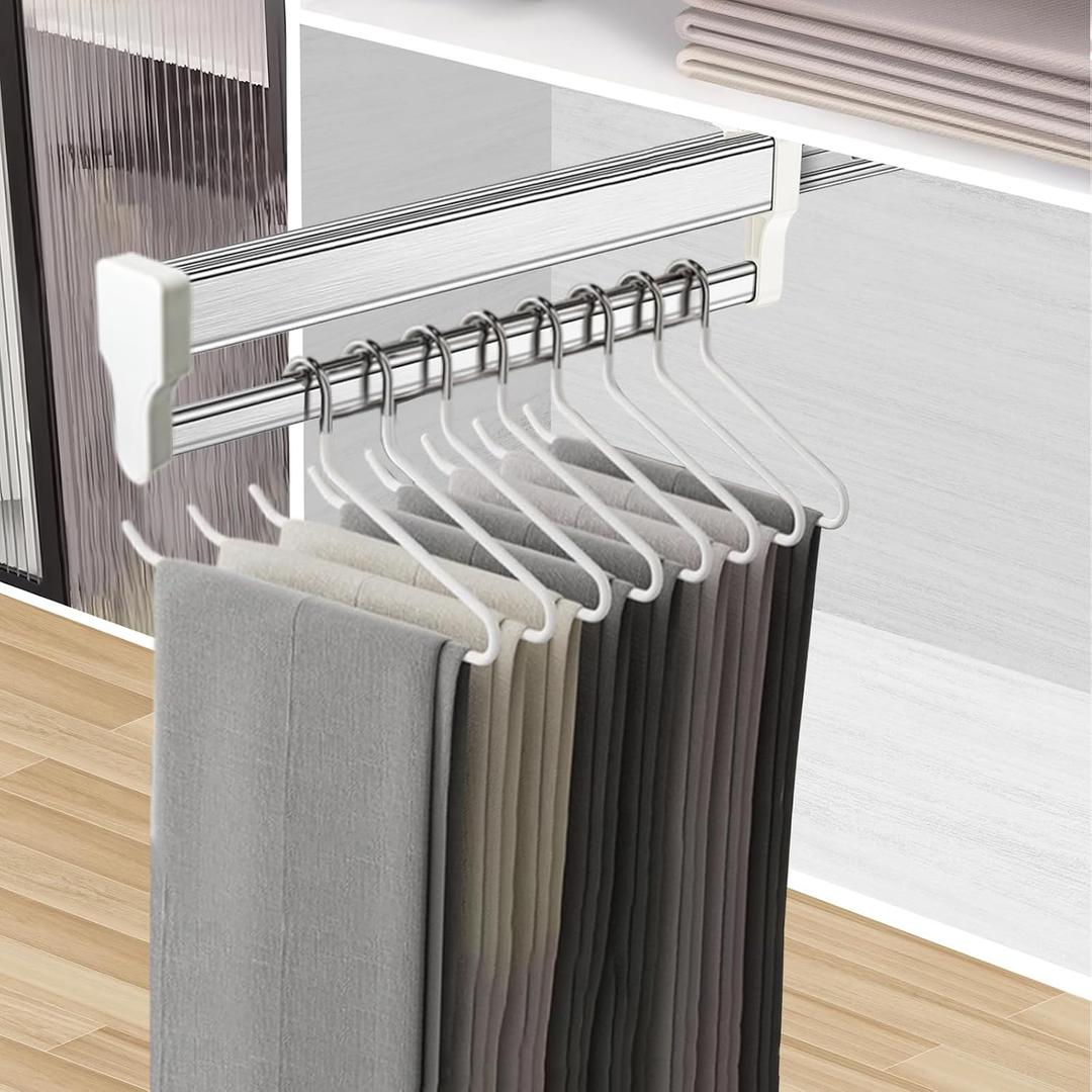 Pull Out Clothes Hanger Rod Adjustable Wardrobe Clothing Rail Hanger Rack Bar for Pants Clothes Stainless Steel (397mm/15.6inch) (White)
