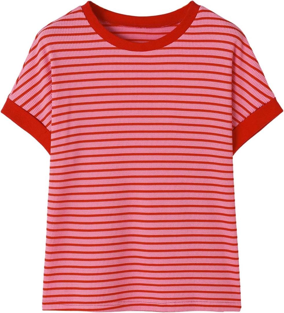 SweatyRocks Women's Going Out Tops Striped Print Short Sleeve Knit Casual Round Neck T-Shirt (Medium, Pink)