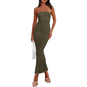 PRETTYGARDEN Women's Summer Bodycon Maxi Tube Dress Ribbed Strapless Side Slit Long Going Out Casual Elegant Party Dresses Army Green S