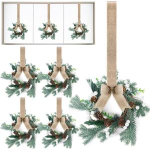 Lyrow 8 Pcs Mini Christmas Kitchen Cabinet Wreaths with Burlap Ribbon Artificial Green Leaves White Berries Hanging Wreaths for Home Front Door Christmas Holiday Indoor Decor