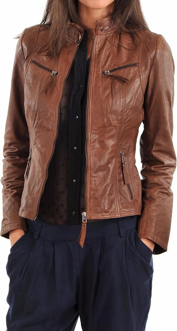 LEATHER FARM Women's Lambskin Leather Bomber Biker Jacket (XX-Large, Tan)