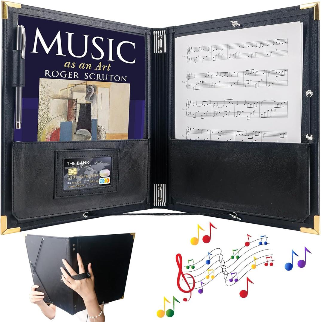 IvyRobes PU Leather Sheet Music Folder, 12.5" x 10" Choir Folder with Elastic String & Hand Strap,10 Pockets Fits 8.5" x 11", A4, 9" x 12" Sheets for Piano,Choral & Music Performance Black