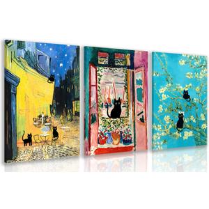 FASWQ Wrapped Canvas Vintage Funny Black Cat Wall Art Set of 3, 16x24 in