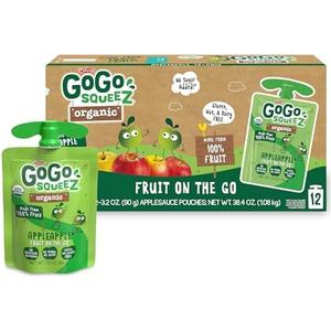 GoGo squeeZ Organic Applesauce and Fruit Puree, Apple Apple, 3.2 oz (Pack of 12), Unsweetened Organic Fruit Snacks for Kids, Gluten Free, Nut Free and Dairy Free, Recloseable Cap, BPA Free Pouches BBD: 6/25/26