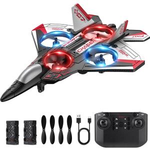 RC Plane, Foam Remote Control Airplane, Drone for Kids, RC Aircraft for Boys and Girls, Fighter Jet Helicopter with LED Lights, Altitude Hold, 360° Flip Stunt Rotation, Speed Adjust Flying Toy (Red)