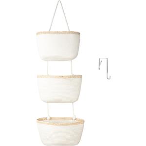 TeoKJ Over the Door Hanging Basket, 3-Tier Woven Cotton Wall-Mounted Storage Organizer Bag Decorative Hanging Nursery Baskets, White & Light Brown
