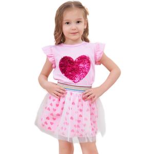 RETSUGO Girls Tulle Skirt Set Two Piece Ruffle Sleeve Unicorn T-Shirt Tutu Dress Summer Birthday Party Outfit (6-7 Years)