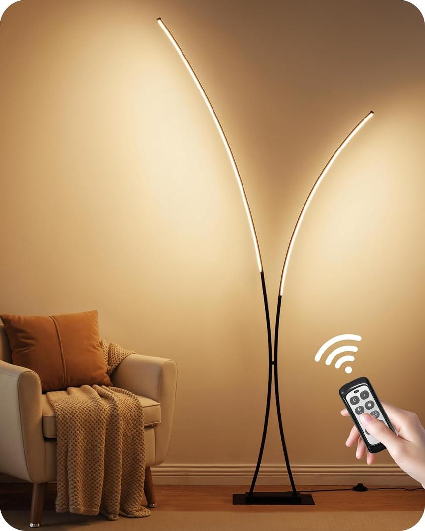 Modern 85.4" ARC Floor Lamp for Living Room, 2 Lights Arched Standing Tall Lamp with Remote, Bright Curved Lamp, Dimmable LED Corner Light for Bedroom, Office, Den, Black, B61LD05