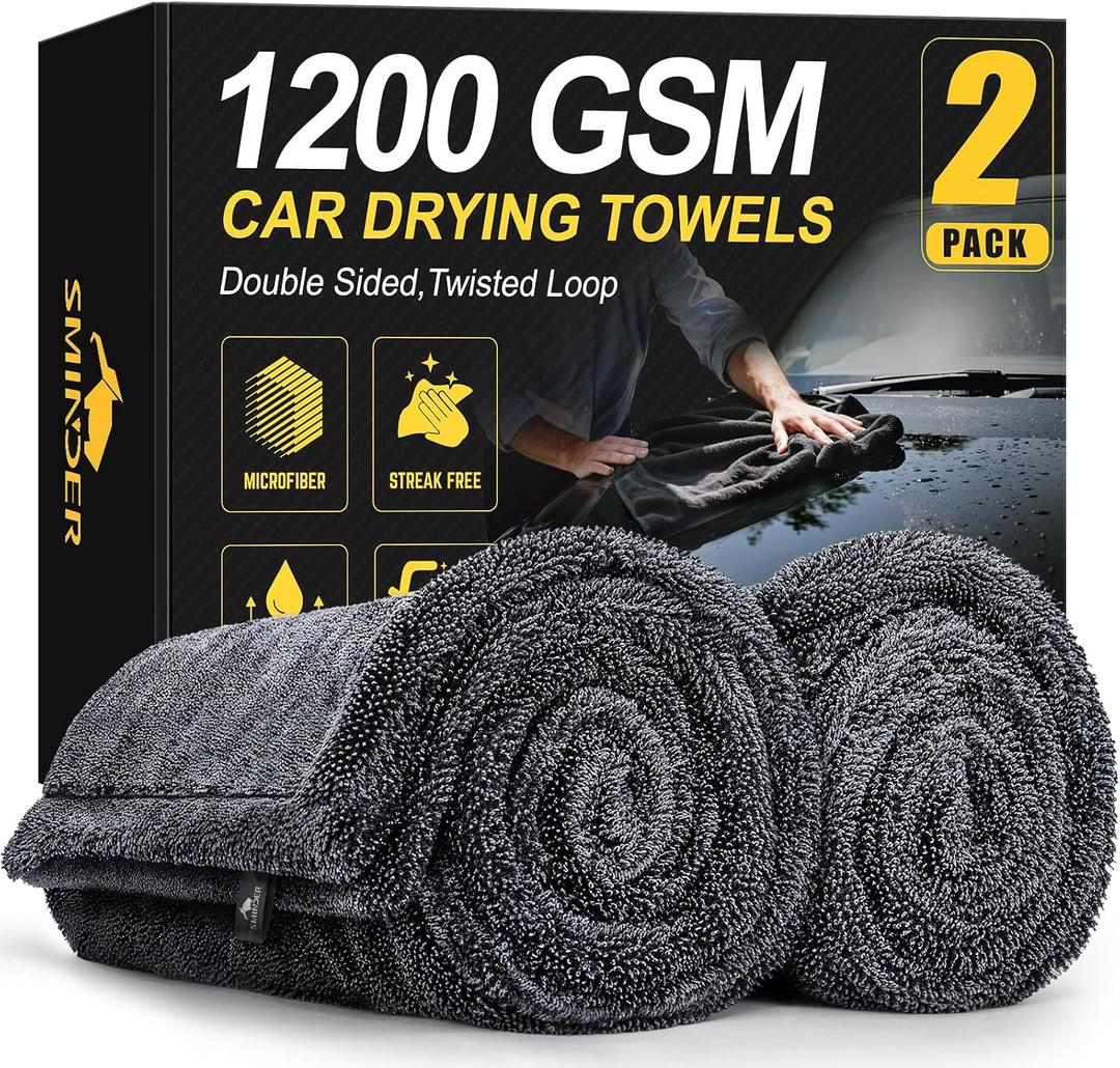SMINDER 2-Pack 1200 GSM Car Drying Towels Microfiber Towels for Cars (36" x 24"), Ultra-Absorbent, Streak-Free, Scratch-Free, No Water Spots, Double-Twist Pile & Edgeless Design