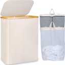 iEGrow 150L Laundry Basket with Lid, Large Laundry Hamper with Bamboo Handle, Collapsible Dirty Clothes Hamper Organizer with 2 Removable Inner Bags for Clothes Toys Towels - Beige