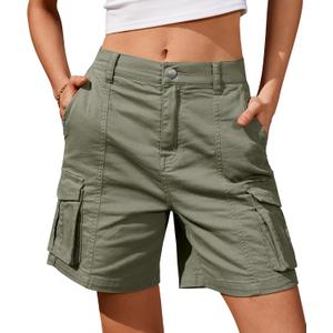 IVIR Bermuda Shorts for Women Cargo Shorts Knee Length 6 Pockets Elastic Waist Long Shorts for Summer Casual (Green, XL)
