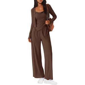 BTFBM Women's Fall Lounge Sets 3 Piece Outfit Tracksuits Casual Long Sleeve Tops High Waisted Sweatpants Set (Medium, Brown)