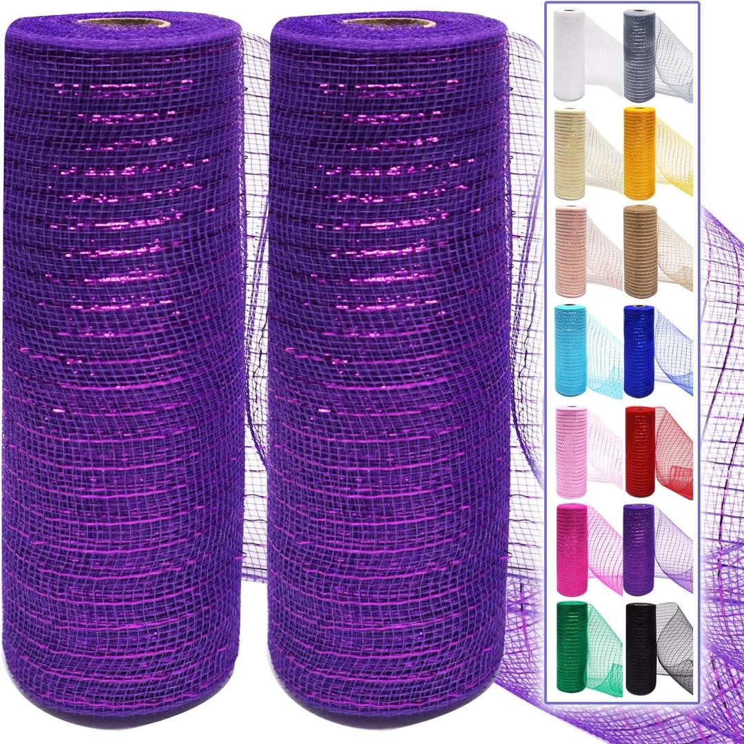 2 Pcs Purple Deco Mesh Ribbon Rolls 10 Inch 10 Yards(30 ft) Decorative Mesh Fabric with Foil for Wreaths Christmas Tree Ribbon Door DIY Craft Halloween Decor Wedding Party Supplies (Purple, 2Pcs)