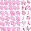 KINGSOW Self-Adhesive Letter Patches for Clothing: 64PCS Pink Buffalo Plaid Fabric Letters Stick on Patches - Ribbon Bows Embroidered Sew Applique for Breast Cancer Awareness Shirt Hat Backpack Socks