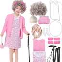 Old Lady Costume for Girls Kids 100 Days Of School Costume 100th Day Grandma Dress for Girls (Medium, Pink)