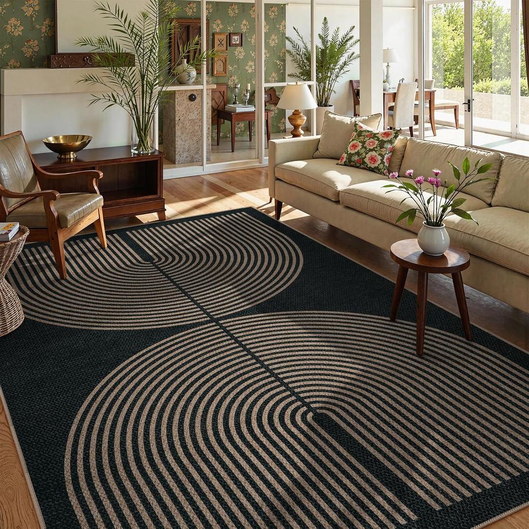 Lahome Enfys Modern Rainbow Easy Jute Rug, 6x9 Area Rugs for Living Room Outdoor Patio Washable Indoor Outdoor Dining Room Carpet, Farmhouse Large Non Slip Carpet for Bedromm Backyard Office (Dark Grey/Charcoal Black)