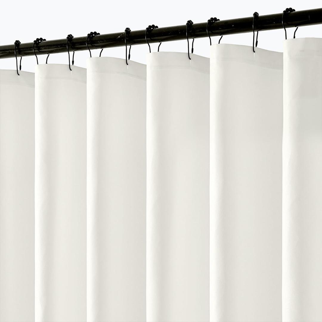ANRODUO White Fabric Long Shower Curtain with 12 Metal Hooks, Cloth Shower Curtain Set - Waterproof & Heavy Duty Polyester, Button Hole Design, Machine Washable for Bathroom Hotel Bathtub, W72xL90