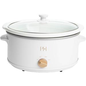 Paris Hilton 6-Quart Manual Slow Cooker, Naturally Nonstick Stoneware Ceramic Insert, Three Settings (Low, High, Warm), Dishwasher Safe Family Size Slow Cooker, White