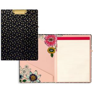 Clipboard Folio with Refillable Lined Notepad, Black Padfolio with Interior Pocket and Pen Loop, Midnight Gold Dots