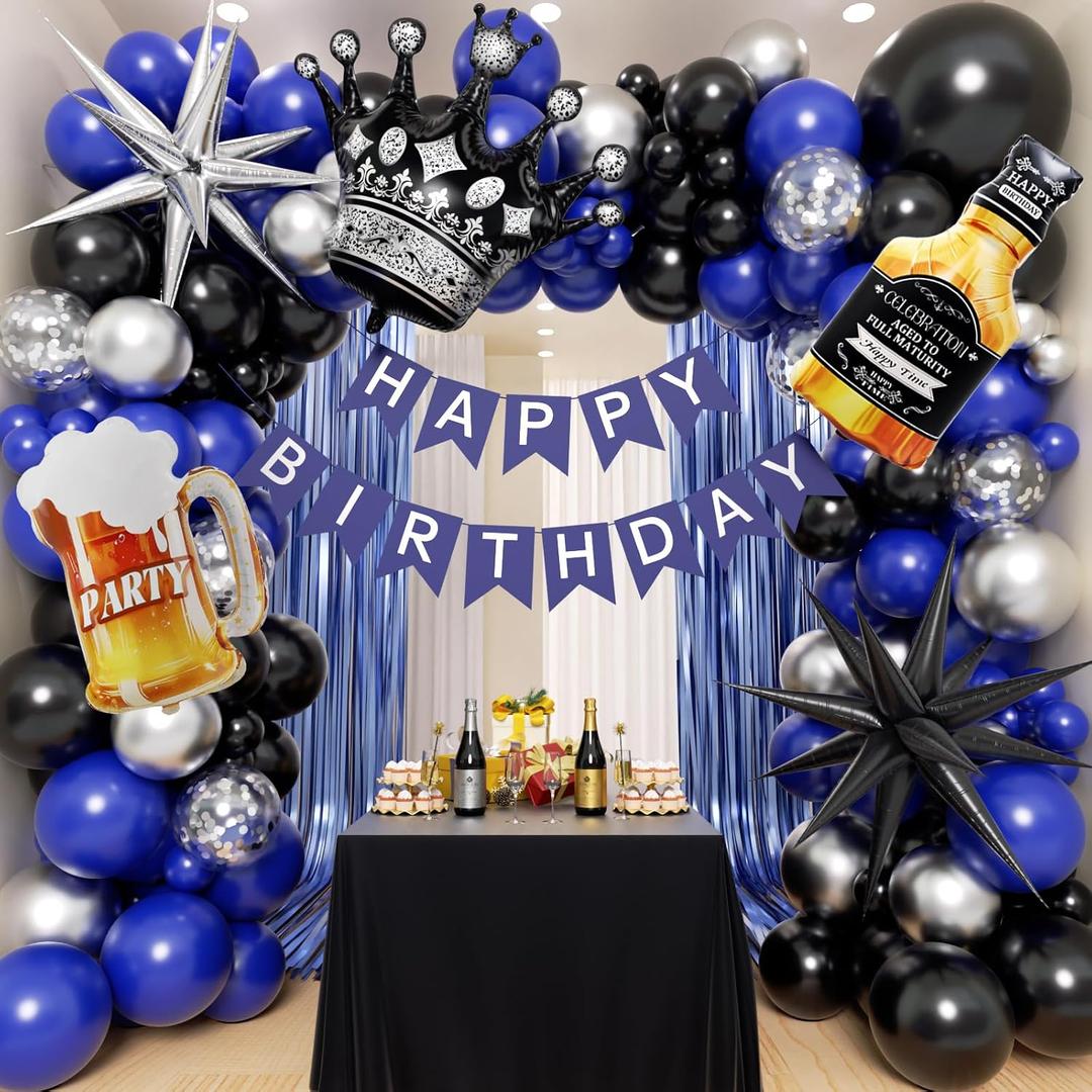 Blue and Black Birthday Party Decorations, Navy Blue Black Metallic Silver Confetti Foil Balloons Banner Fringe Curtains for 21st 25th 27th 30th 35th 40th 50th 60th Birthday Decorations for Men