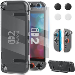 RHOTALL Clear Protective Case Cover Shell for Nintendo Switch 2(2025),Full Dockable Slim Transparent Hard PC Protection Accessories Case for Switch 2 with Anti-Scratch Screen Protector,4 Thumb Grip