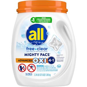 all Laundry Detergent Pacs, Mighty Pacs with OXI Stain Removers and Whiteners, Free Clear, Unscented and Dye Free, 56 Count