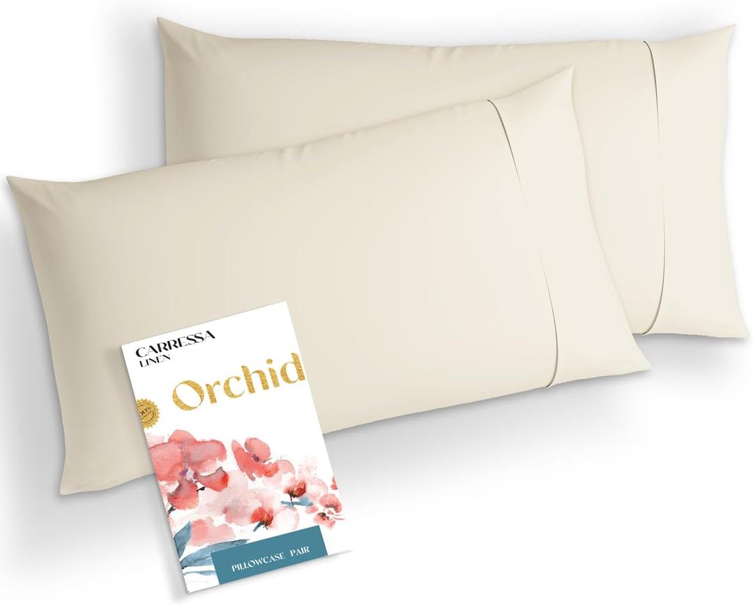 Carressa Linen Pillows Cases Standard Size Set of 2-1000 Series High Thread Count Egyptian Cotton Pillowcases Queen Size (Ivory), Soft, Sateen Weave Orchids Collection Luxury Hotel Pillow Cover
