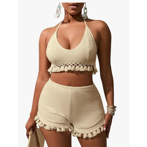 Women's 2 Piece Outfits Tassel Trim Backless Halter Crop Top and Elastic Waist Shorts Sets Top 17inch Shorts 19x14