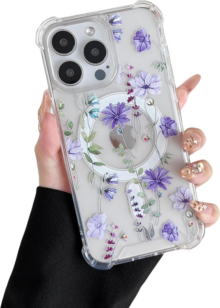 DEFBSC Magnetic Case for iPhone 14 Pro Max Work with Magsafe, Clear Floral Flower Pattern Print Design Flexible Acrylic Shockproof Cover for Women Girls, Flower Protective Phone Case, Purple Cosmos