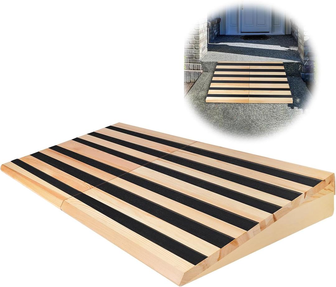 6" Rise Wooden Threshold Ramp for Home Steps, Door Ramp for Wheelchair/Walker/Cart/Scooter, Multipurpose Door Ramp with Non-Slip Stripes(35.4" W*6.0" H, Solid Wood, 800LBs Capacity)