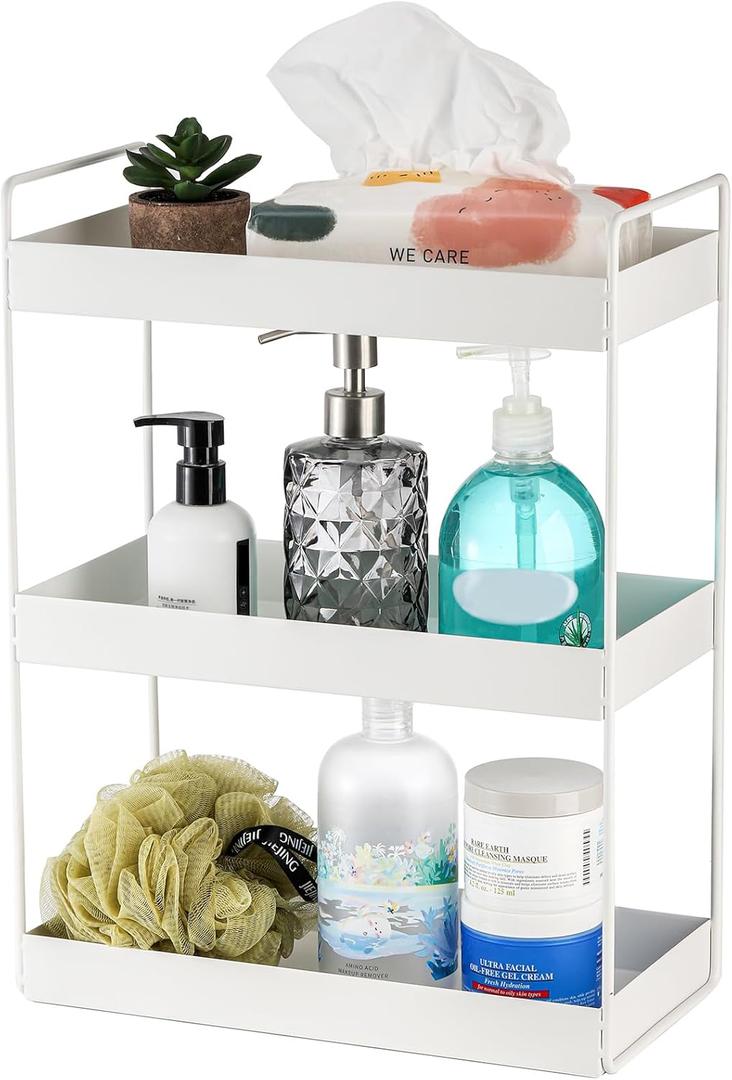 Elsjoy 3-Tier White Countertop Skincare Organizer Shelf, Metal Vanity Tray for Cosmetics & Makeup, Counter Storage Rack for Bathroom, Spice Rack Organizer for Kitchen