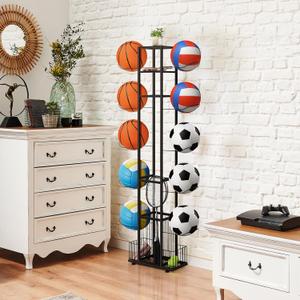 BTY Sports Equipment Organizer Ball Storage Rack Freestanding Basketball Holder Vertical Garage Ball Storage Display Stand for Volleyball Football Badminton Black