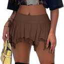 Women's Lace Short Skirt Sexy Y2K Solid Low Waist Patchwork Flowy Ruffle Pleated Mini Skirts Streetwear (Medium, Brown)