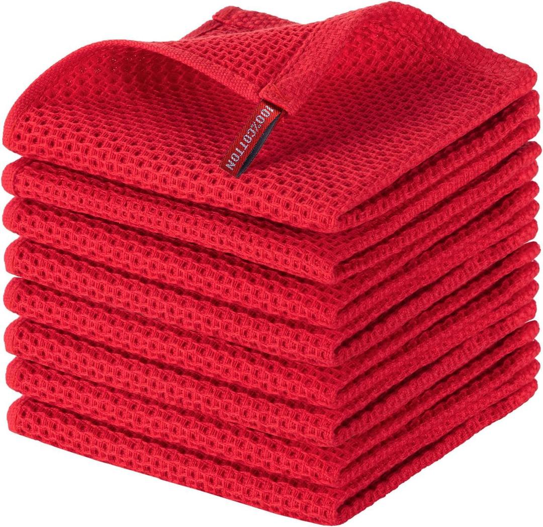 joybest Cotton Kitchen Dish Cloths, 8-Pack Waffle Weave Ultra Soft Absorbent Dish Towels Washcloths Quick Drying Dish Rags, 12x12 Inches, Red