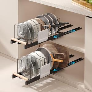 Magheo 2 Pack Pull Out Pots and Pans Organizer Under Cabinet, 22" Deep Expandable Pot Lid Organizer and Storage with 10 Adjustable Dividers Adhesive Pot and Pan Holder Rack with Handle Bracket(Black)