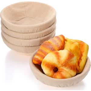 Nuogo Set of 5 Banneton Bread Proofing Basket 8.5 inch Round Sourdough Proofing Basket Bowl with Liners and Scatters for Home Making Bread Bakers Baking