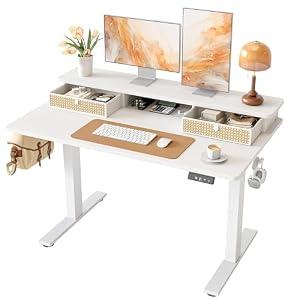 TIQLAB Standing Desk with Two Drawers, Stand Up Standing Desk Adjustable Height, Electric Sit Stand Table with Storage Shelf and Splice Board, 48 * 24 inch, White Wicker