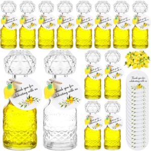 Chuangdi 16 Sets Mini Limoncello Glass Bottles Limoncello Bottles with Labels 1.7 oz Lemon Pendants Lemon Party Favors for Christmas Homemade Brewing Wedding Baby Shower Gifts(Delicate)