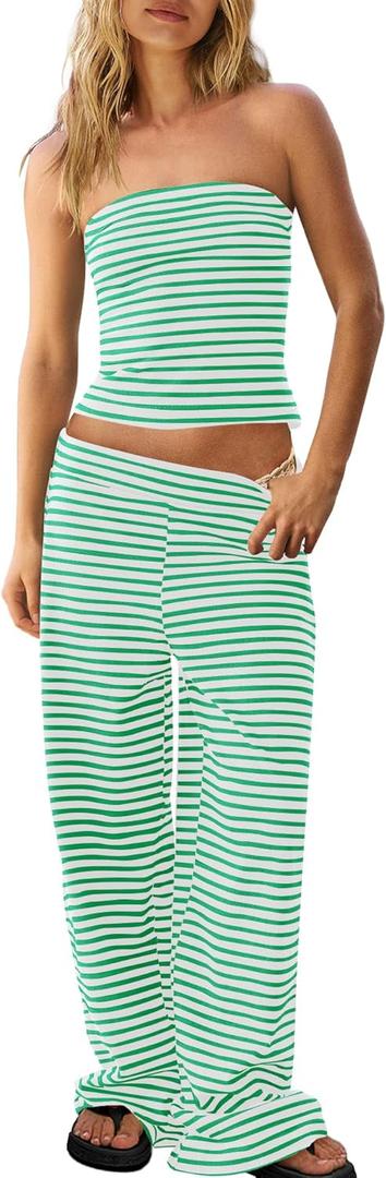 Panadila Womens Striped Two Piece Sets Summer Lounge Outfits Sailor Tube Top and Pants Matching Set Beach Vacation Travel Y2k (Medium, Green Combo)